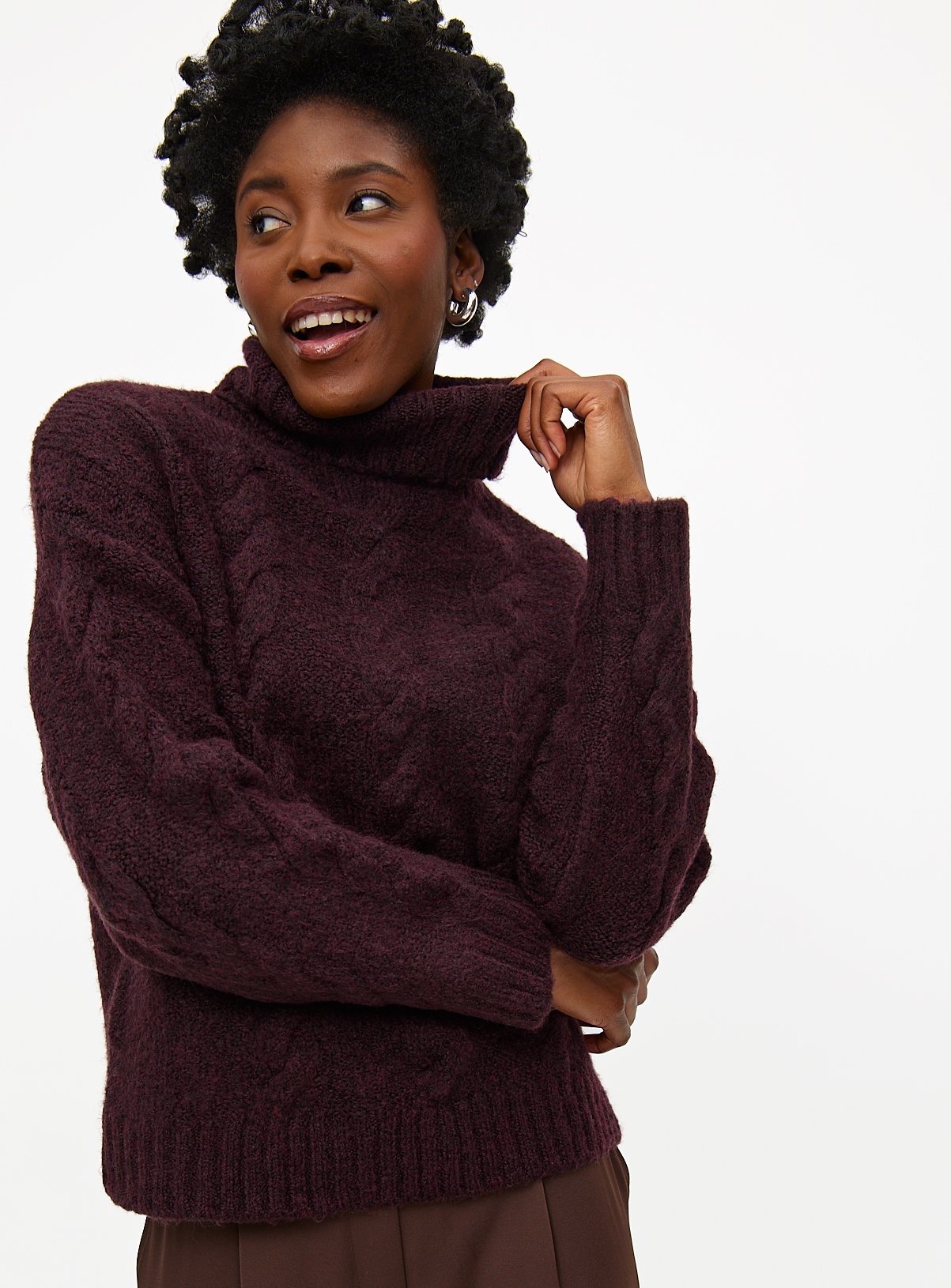Burgundy Cable Knit Roll Neck Jumper S - Image 1 thumbnail